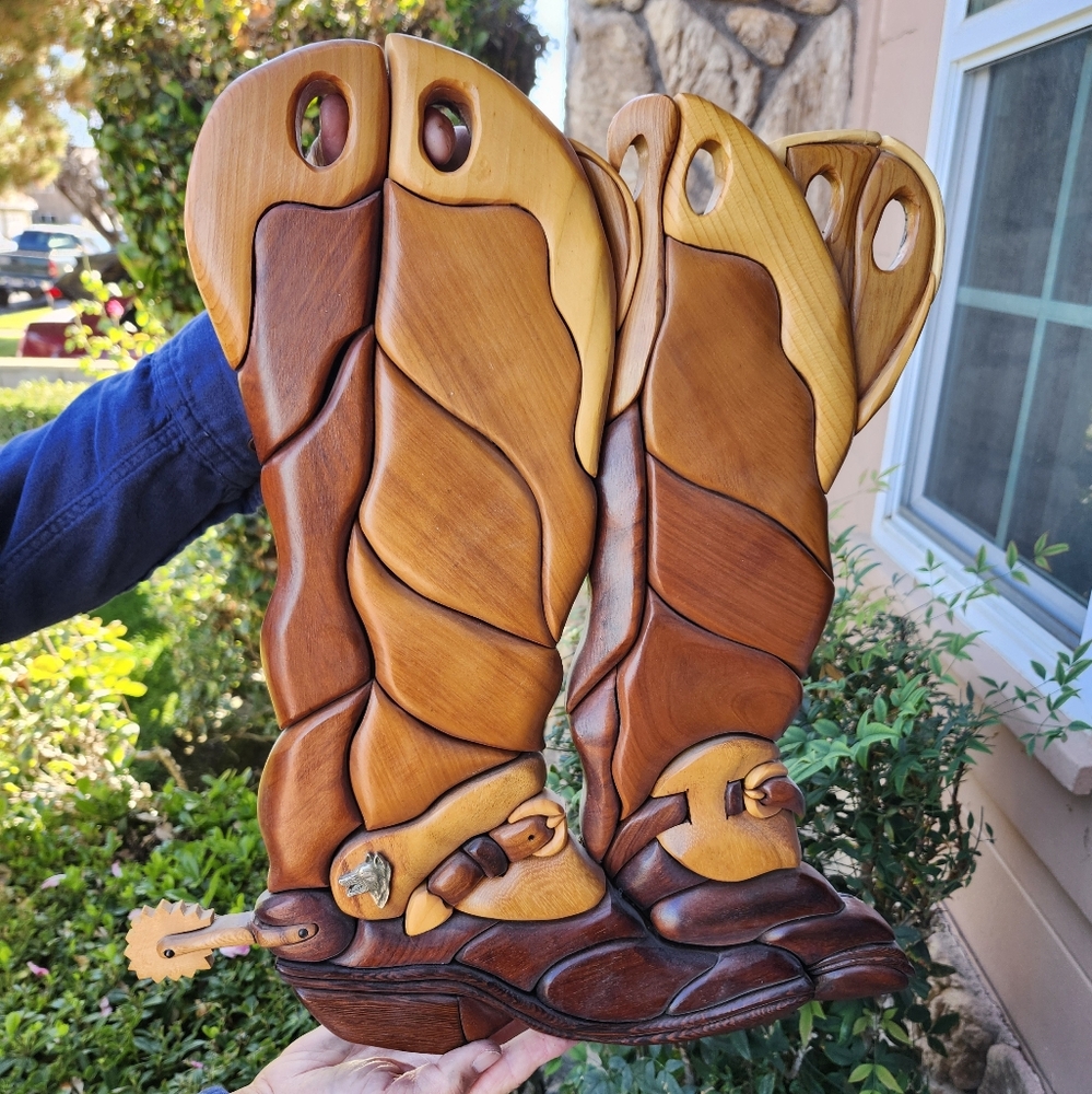 👉*UNIQUE* "COWBOY BOOTS" INTARSIA WOOD SCUPTURE WALL HANGING